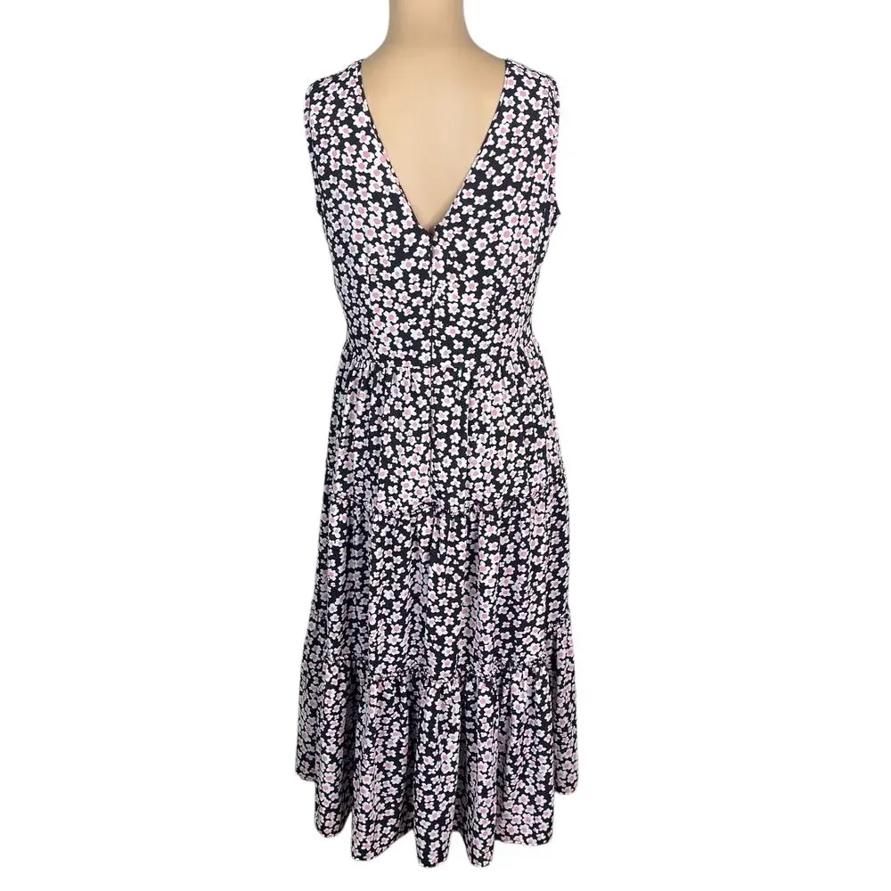 J Crew Poppy Garden Floral Tiered Midi Dress S Black Cottagecore A-line Ditsy
